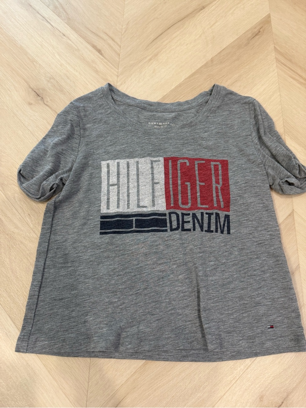 Tommy Hilfiger Gray Tee with Red & Navy Logo
